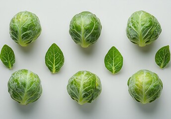 Fototapeta premium Fresh Brussels Sprouts and Green Leaves Arranged on a Light Background for Healthy Food Concepts