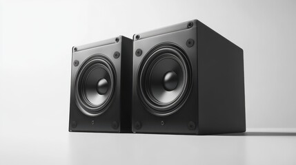 Obraz premium Black subwoofers with square speaker faces on a white background