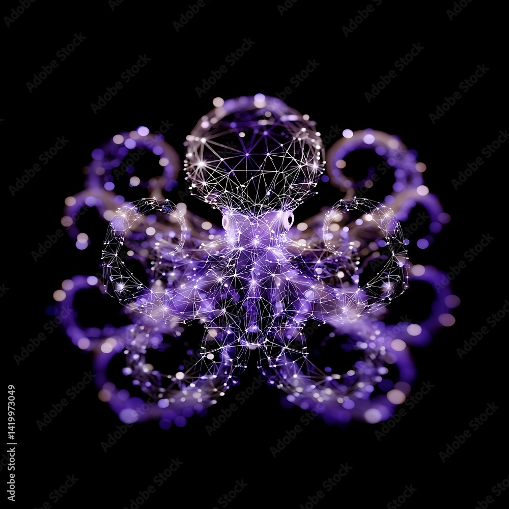 Poster abstract glowing octopus digital network complex interconnected system in a dark void background.