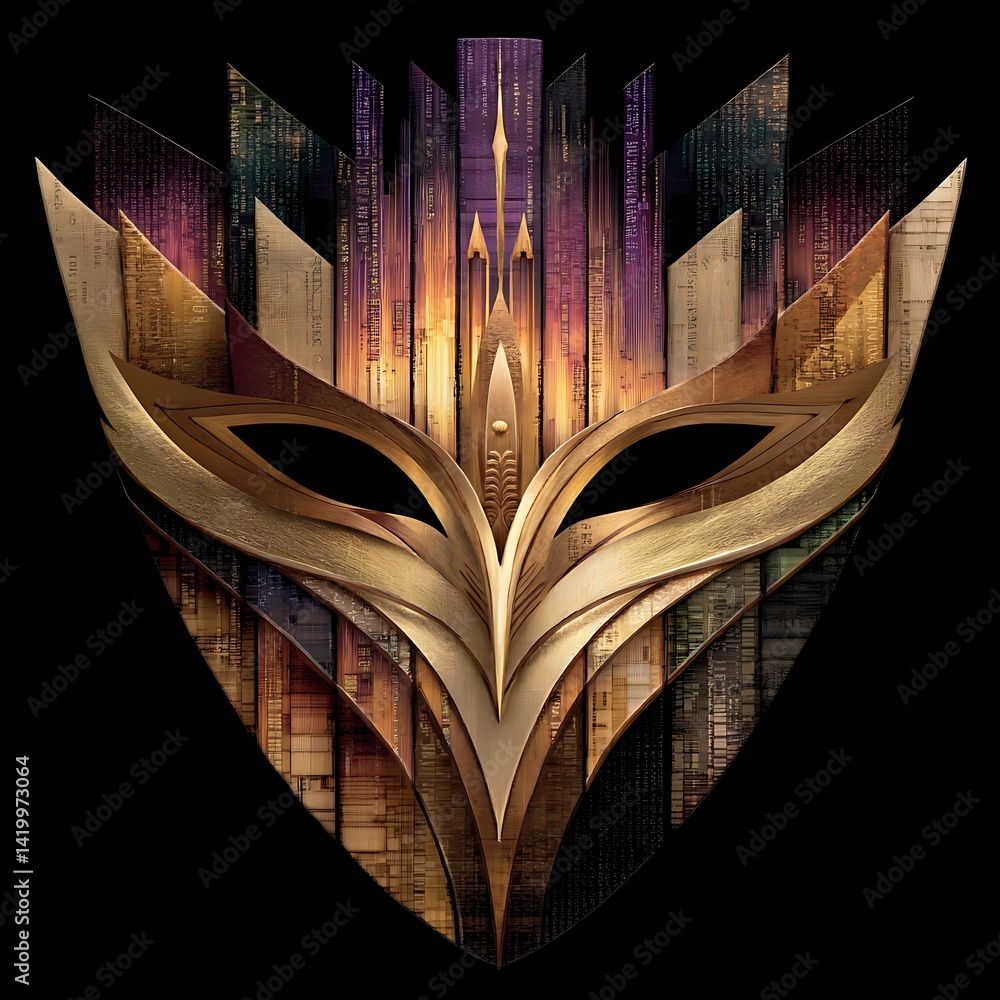 Poster abstract golden bird face mask with architectural structures and artistic design background image.
