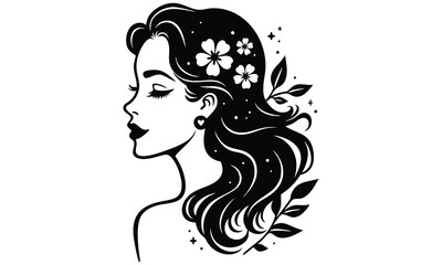 Botanical Beauty Silhouette – Elegant Woman with Floral Hair Vector