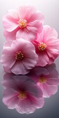 Fototapeta premium Close up of three light pink flowers with dark pink centers, reflected in a dark surface. Soft lighting.