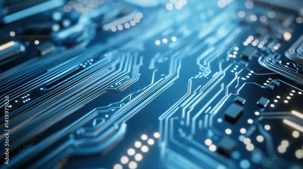 Aufkleber close-up of electronic microchip on a luminous circuit board with detailed connections