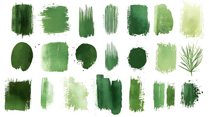 Set of Green Watercolor Brushstrokes and Splashes on White Background Creates a Natural Artistic Effect.