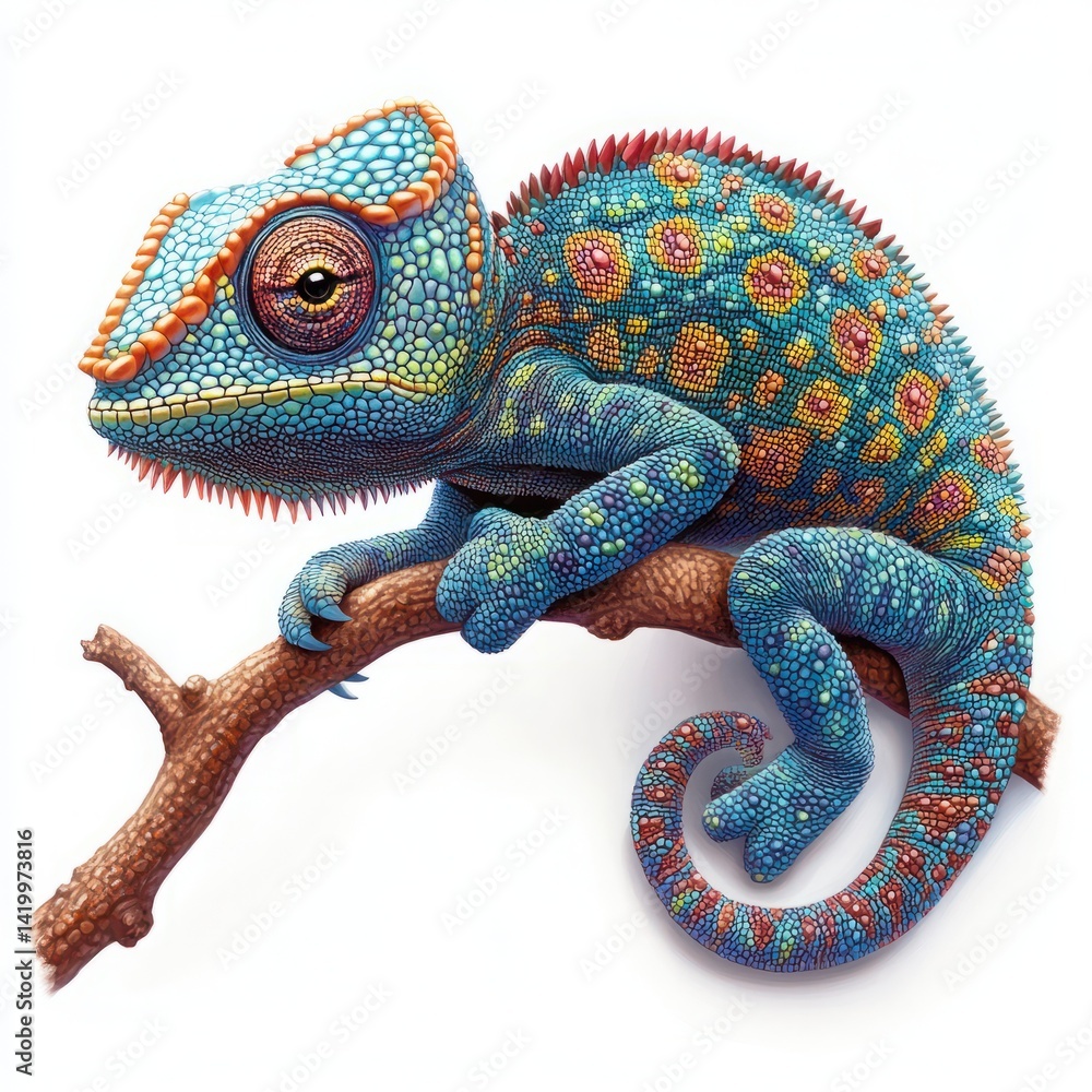 Poster colorful chameleon perched on branch with intricate scales and vibrant patterns in nature setting
