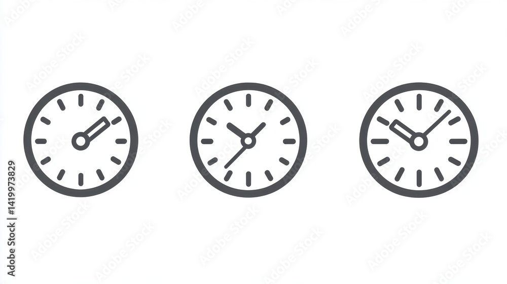 Poster three simple gray clocks showing different times on a white background.