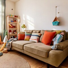 Children-friendly living room with a soft fabric sofa, colorful pillows, and toy storage underneath