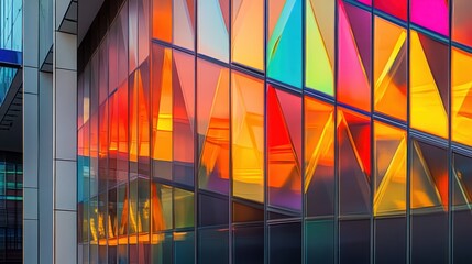 Colorful glass facade of a modern building reflecting sunlight patterns