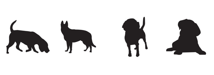 Dogs Silhouettes, Collection, Black, Pose, Isolated, Jump, Stand, Run, Sit, Animal, Pet, Isolated . Dogs silhouettes. 