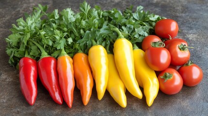 On a dark surface, an artistic arrangement of tomatoes, peppers, herbs, and a bowl of peppercorns is displayed