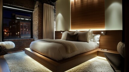 Modern bedroom with ambient lighting in urban setting