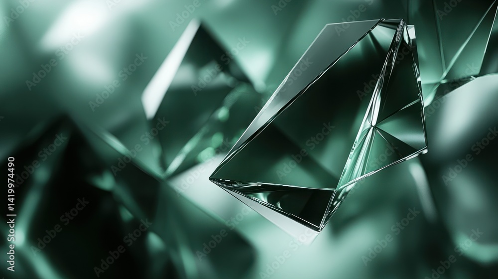 Poster stunning emerald glass shapes with reflections and shimmering depth for abstract visuals