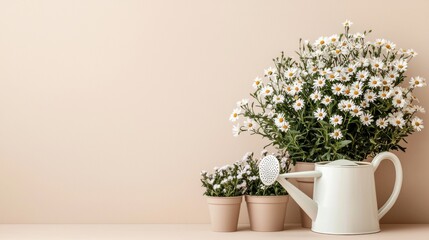 Elegant white daisies in a wate can and pots for garden decoration or floral arrangement display on a neutral background