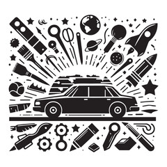 Set of Stylized Car Silhouettes with Creative Urban and Futuristic Elements – Black and White Vector Illustration