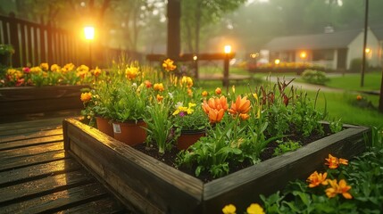 Fototapeta premium Lush garden with vibrant flowers and soft lighting at twilight.
