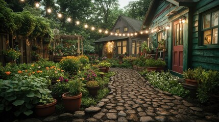 Charming garden path with rustic houses and string lights.