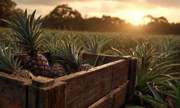 Pineapple harvest. Ripe fruit in a crate sits in a field during sunset. Rows of pineapples in the distance. Golden hour