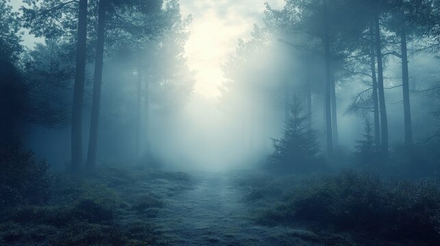 Mystical forest path enveloped in a dense fog.