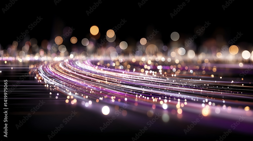 Poster abstract light trails with circular bokeh nightscape illusion of speed and advanced technology