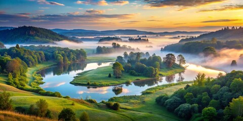 Serene Sunrise Over a Meandering River Valley with Misty Fields and Lush Green Foliage
