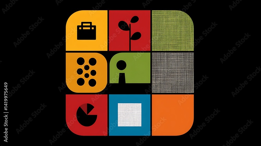Poster abstract minimalist iconography square with simple shapes plant motif briefcase pie chart and keyhol