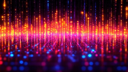 Obraz premium Vibrant abstract background with glowing particles in orange, pink, and blue hues. The lights form vertical lines, creating a dynamic, energetic feel.