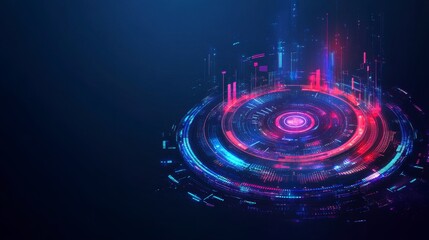 Fototapeta premium Abstract digital art depicting a vibrant circular energy field with glowing particles and lines against a dark background.