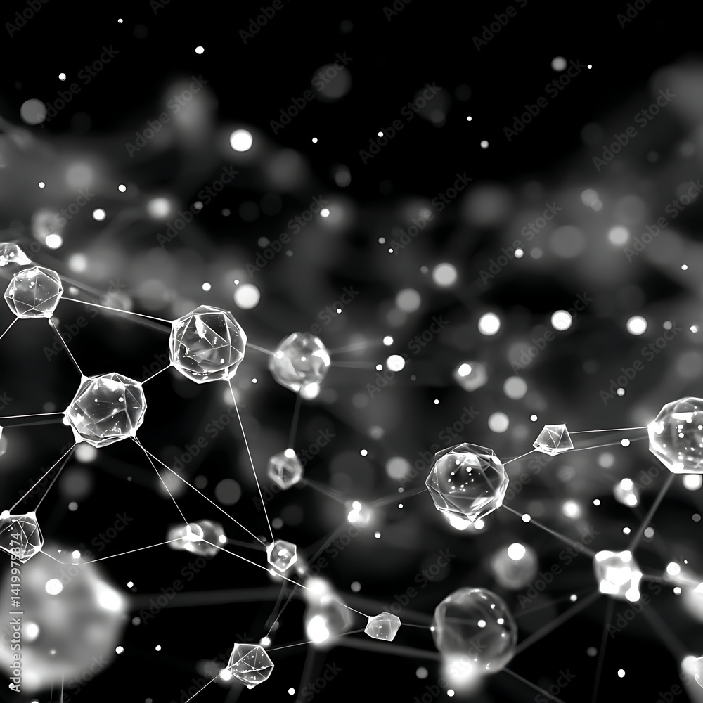 Poster abstract molecular network connection with spherical nodes on a dotted background composition.