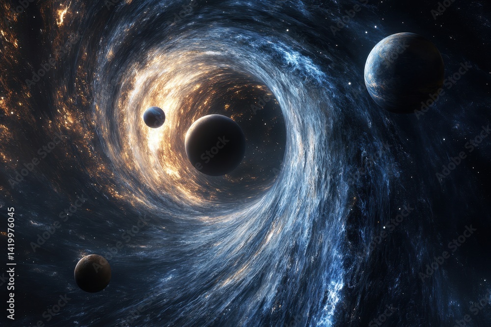 Poster vivid cosmic swirl with multiple planets in a captivating stellar environment