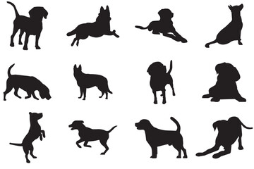 Dogs Silhouettes, Collection, Black, Pose, Isolated, Jump, Stand, Run, Sit, Animal, Pet, Isolated . Dogs silhouettes. 