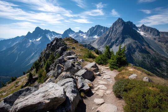 Hiking trail on a mountain ridge with snowy peaks background on a sunny day