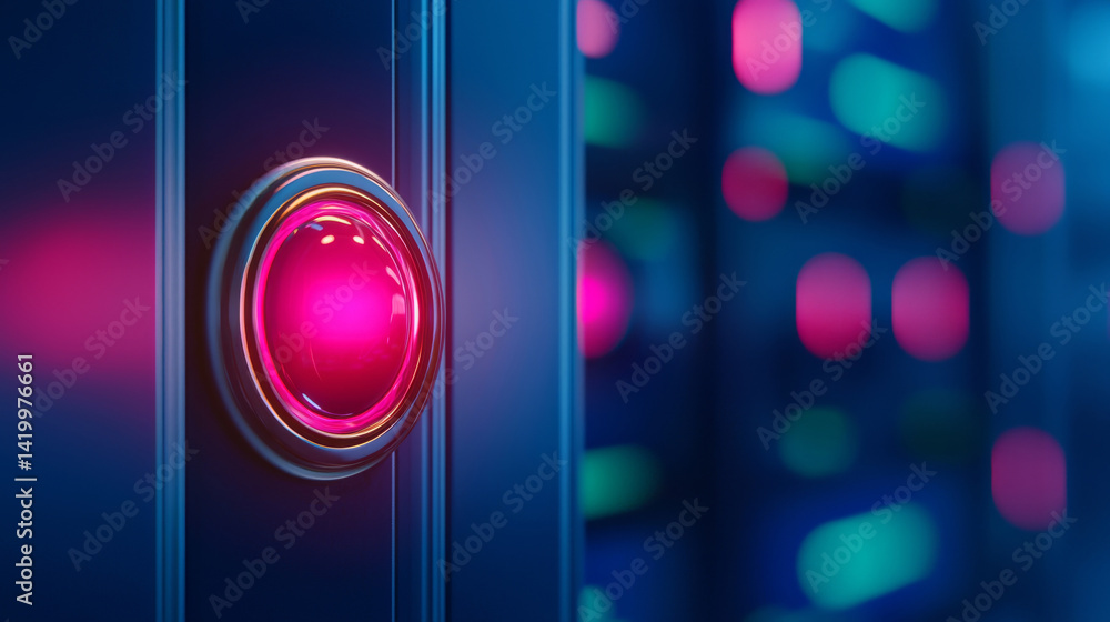 Poster illuminated emergency stop button in a modern technological environment with colorful lights