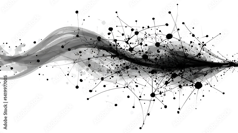 Poster abstract network of connected nodes with ink wave flow in monochrome scheme for data analysis.
