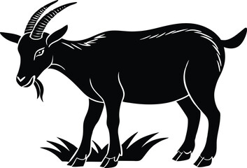 black and white goat, goat eating grass with baby, goat silhouette vector illustration, goat symbol icon.