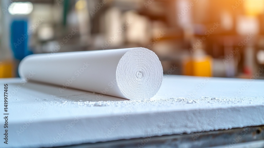 Poster processed circular log of paper pulp on flat surface in industrial factory environment