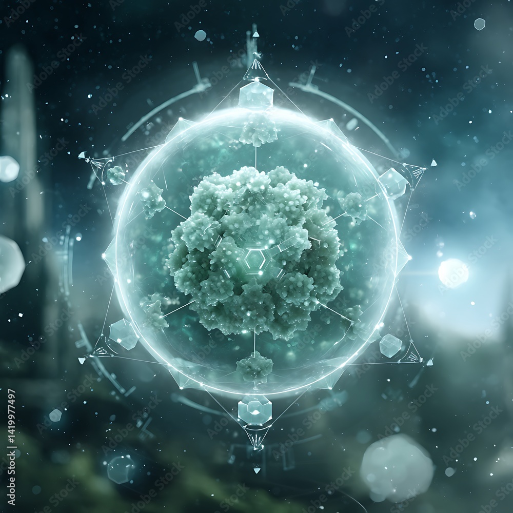 Poster abstract nucleus core visualization and complex geometric orbital sphere design in deep space