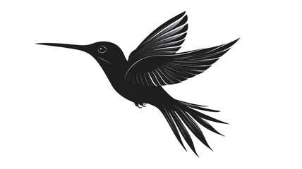 Obraz premium This image features a stylized vector illustration of a hummingbird in flight. The hummingbird appears as a solid black silhouette against a pure white background, creating a high contrast.