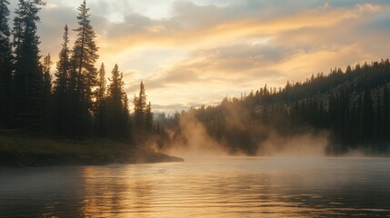 Fototapeta premium Scenic sunrise illuminating misty river flowing beside forested hillsides
