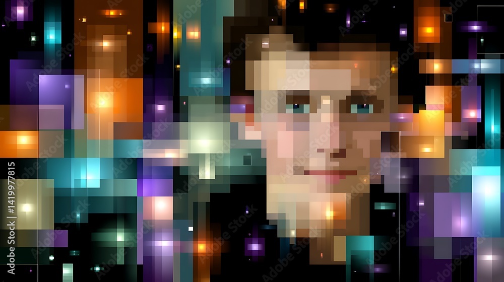 Poster abstract pixelated portrait of a person amidst rectangular light and shadow reflections graphic.