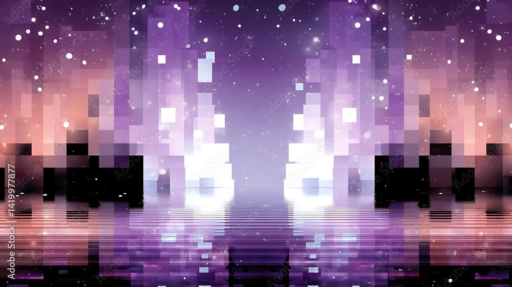 Poster abstract pixelscape reflection in violet spectrum with subtle sparkle for artistic design.