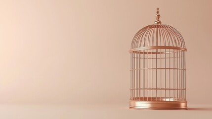 Elegant empty rose gold birdcage with intricate detailing and rounded top design set against a neutral background for decorative or symbolic themes