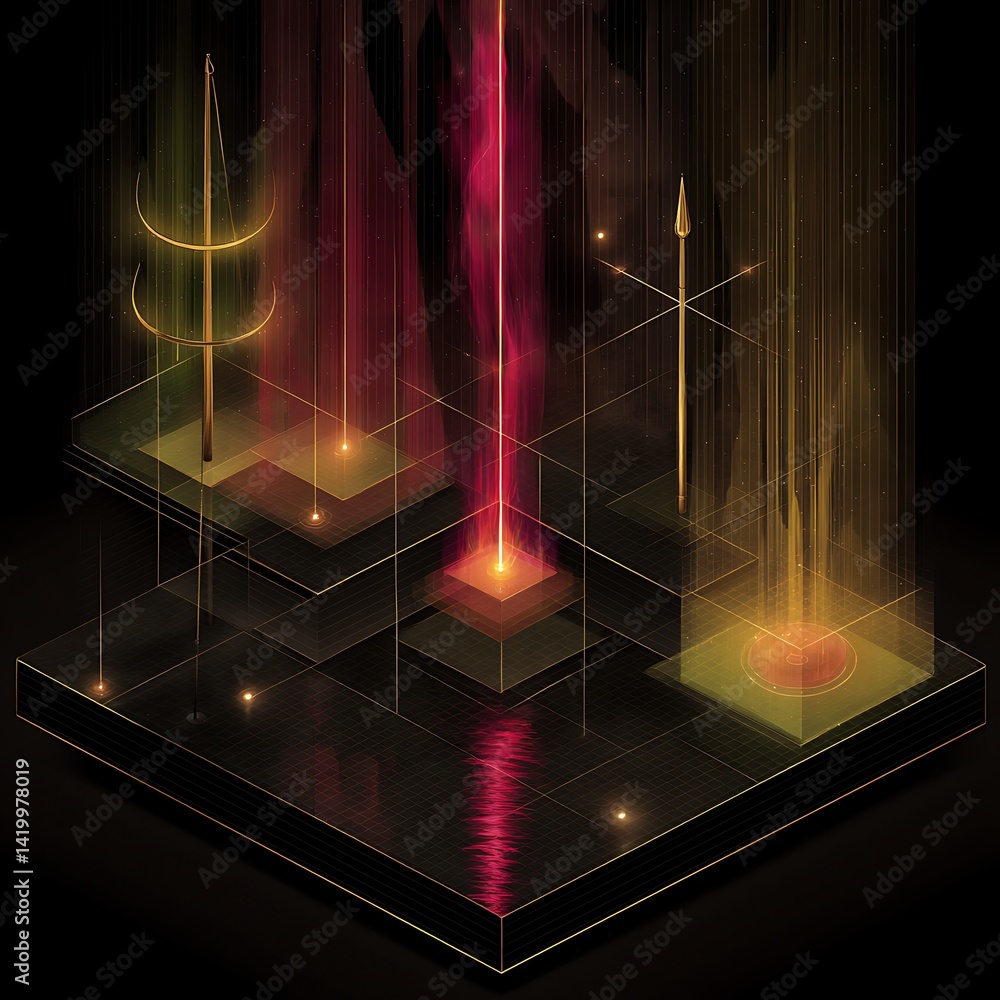Aufkleber abstract platform with golden structures, beams of light, and deep reflections of light in the dark