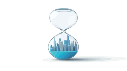 Fototapeta premium A 3D rendering of an hourglass. The upper sphere is mostly empty, while the lower sphere is filled with a stylized teal miniature cityscape. The cityscape features simple, angular buildings.