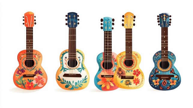 Cartoon Mexican guitars, vector latin music instruments of mariachi musicians with bright flower patterns, Calavera skulls and Mexico ethnic ornaments.