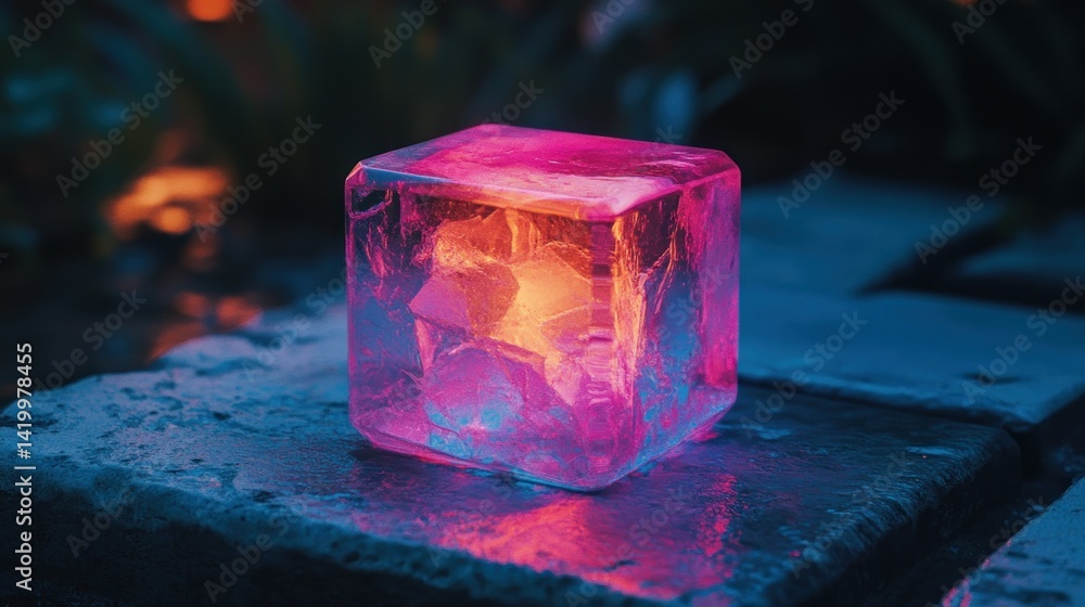 Poster illuminated cube placed on a stone surface in a garden setting