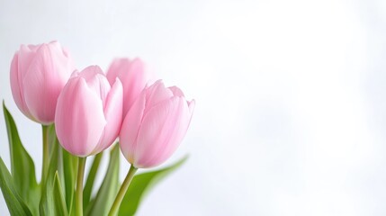 Fototapeta premium Pink Tulips with Green Stems, Soft Light Photography, High Resolution Image, Horizontal Close-up View, Delicate Petals, Spring Blooms, White Background, Pastel Gentle Mood, Ideal for Greeting Cards