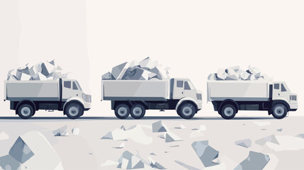 Obraz premium This is a stylized vector illustration or digital rendering of three white dump trucks standing side by side, each loaded with a pile of scrap metal. The trucks are rendered in a minimalist style.