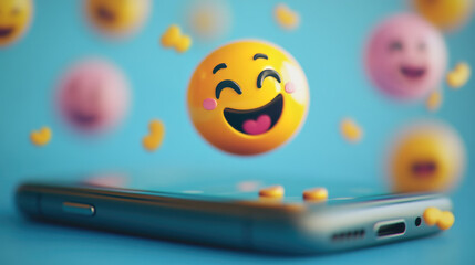 A cheerful laughing smiley face hovering over a mobile phone. World Emoji and Social Media Day
