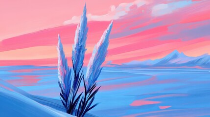 Frozen Meadow Pink Sky Blue Snow  Grass