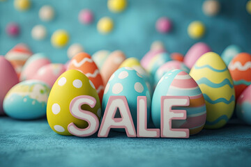 Blue Background with Easter Eggs and Sale Banner